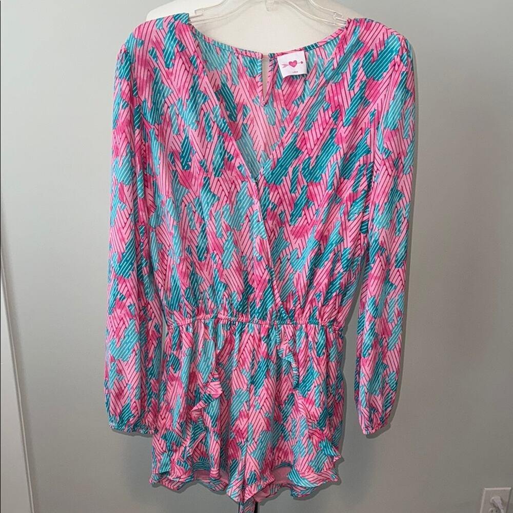 Buddy Love Blue Pink Long Sleeve Shorts V-Neck Romper Women's Large